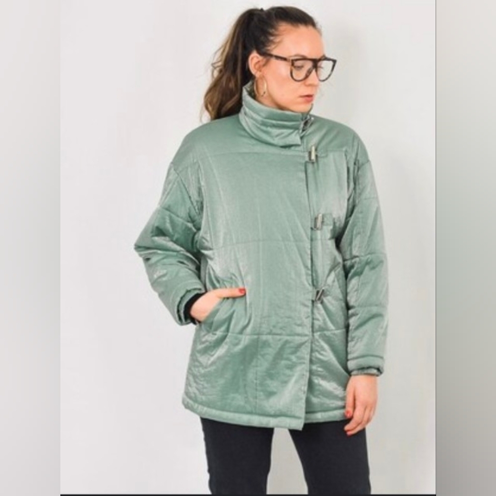 Vintage Metallic Shimmer Quilted Puffer Winter Coat with Metal Toggles